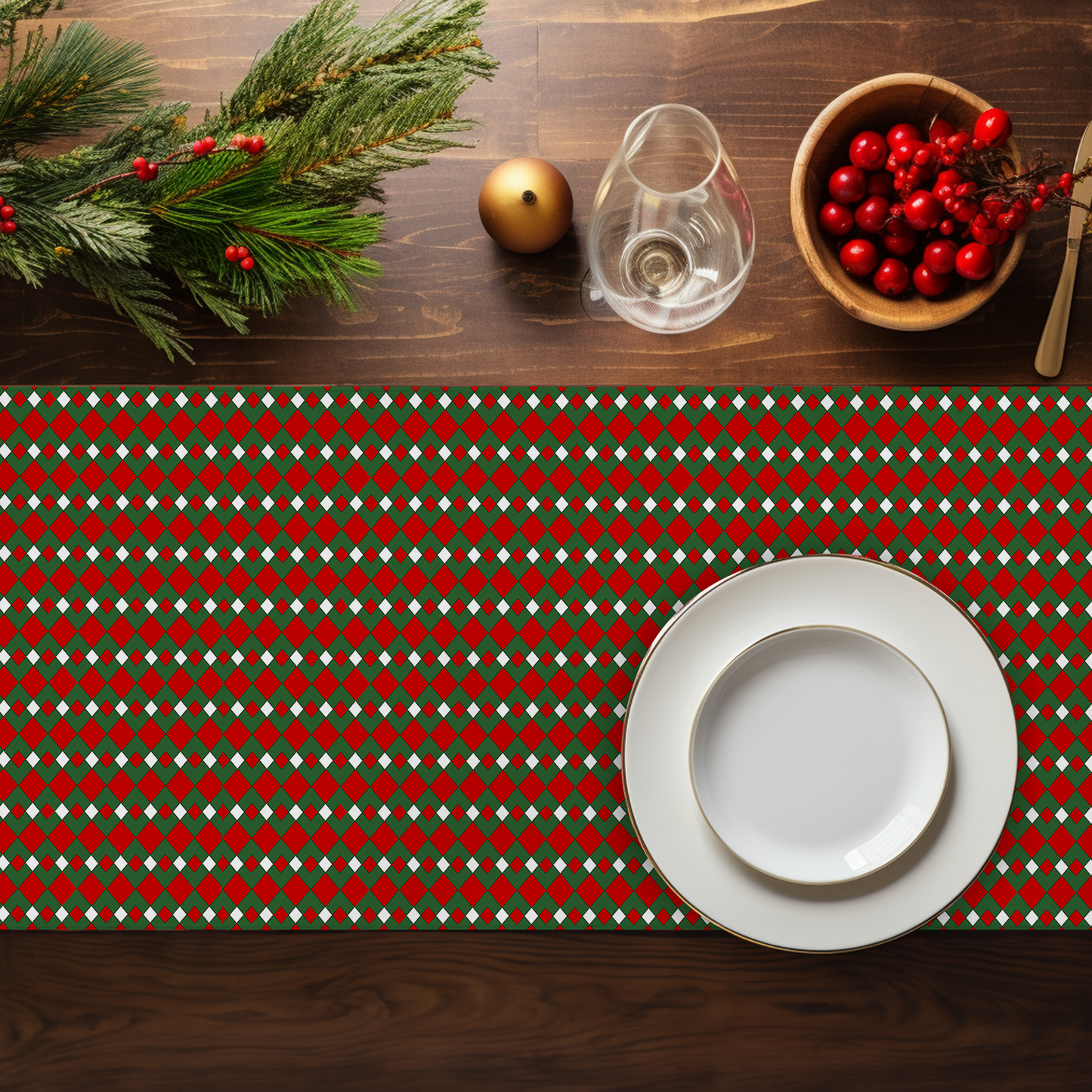 Fancy Red Green & White Argyle Christmas Table Runner | Festive Holiday Dining Décor, Rustic Farmhouse Diamond Check