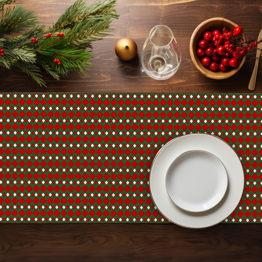 Fancy Red Green & White Argyle Christmas Table Runner | Festive Holiday Dining Décor, Rustic Farmhouse Diamond Check