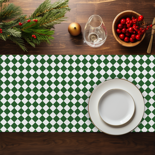 Green & White Argyle Christmas Table Runner | Classic Holiday Farmhouse Dining Room Decor, Festive Diamond Check Table Accent