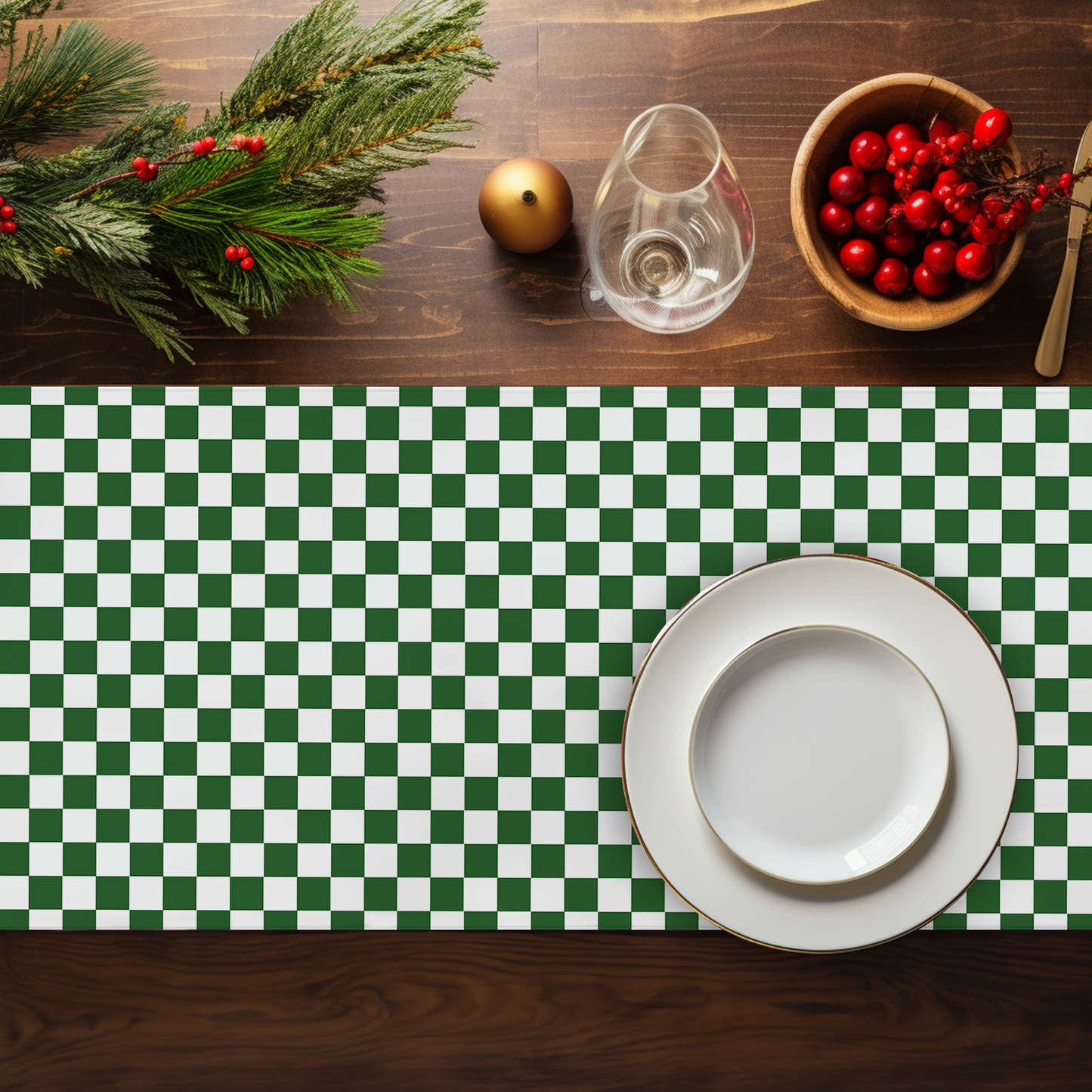 Green & White Gingham Plaid Christmas Table Runner – Festive Farmhouse Holiday Dining Decor, Rustic Checkered Tabletop Accent