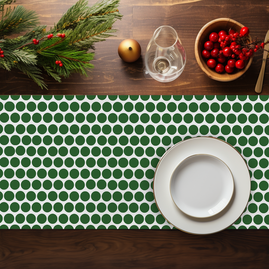 Green Polka Dot Christmas Table Runner | Festive Holiday Farmhouse Dining Décor, Playful Spot Pattern Accent
