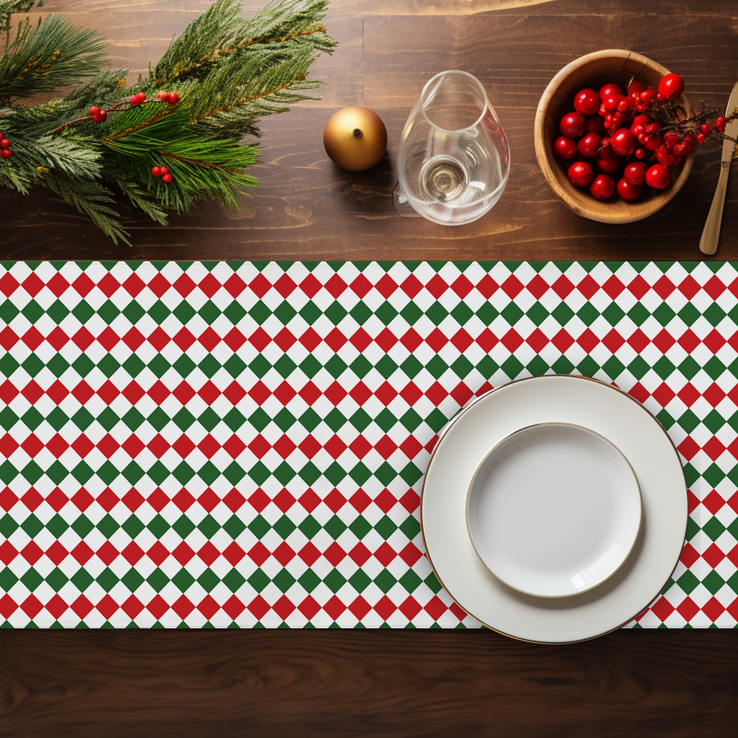 Red Green & White Argyle Christmas Table Runner | Festive Holiday Dining Room Decor, Rustic Diamond Check Accent