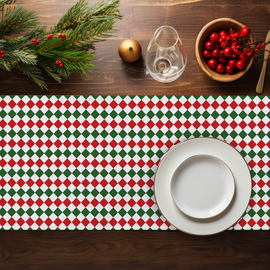 Red Green & White Argyle Christmas Table Runner | Festive Holiday Dining Room Decor, Rustic Diamond Check Accent