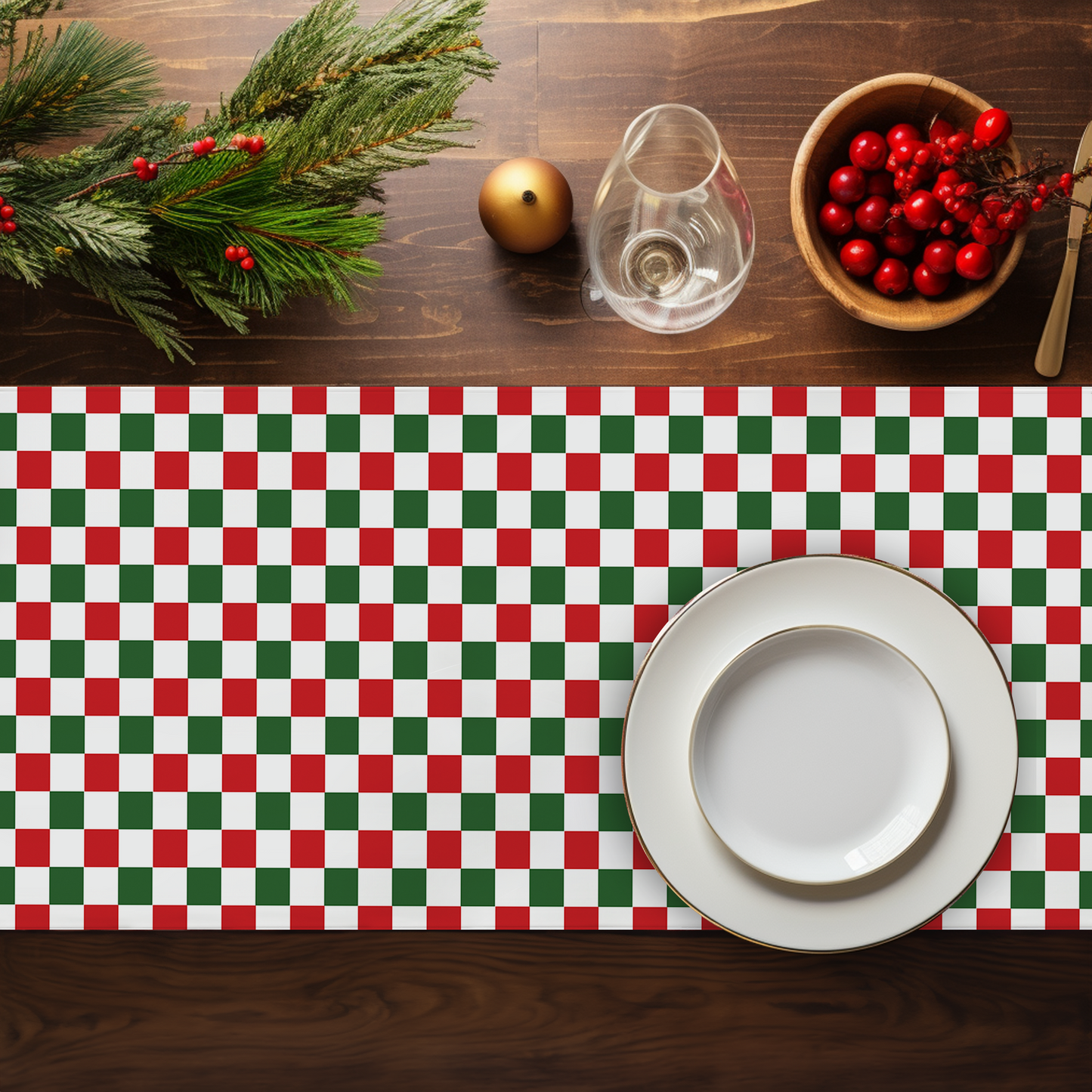 Red Green & White Gingham Christmas Table Runner | Festive Holiday Farmhouse Dining Decor, Rustic Checkered Tabletop Accent