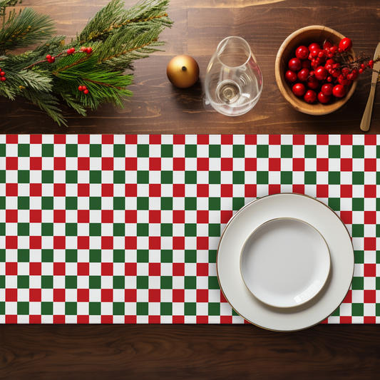 Red Green & White Gingham Christmas Table Runner | Festive Holiday Farmhouse Dining Decor, Rustic Checkered Tabletop Accent