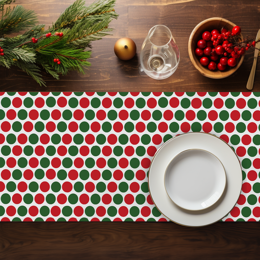 Red & Green Polka Dot Party Christmas Table Runner | Playful Holiday Dining Décor, Festive Scattered Spot Accent