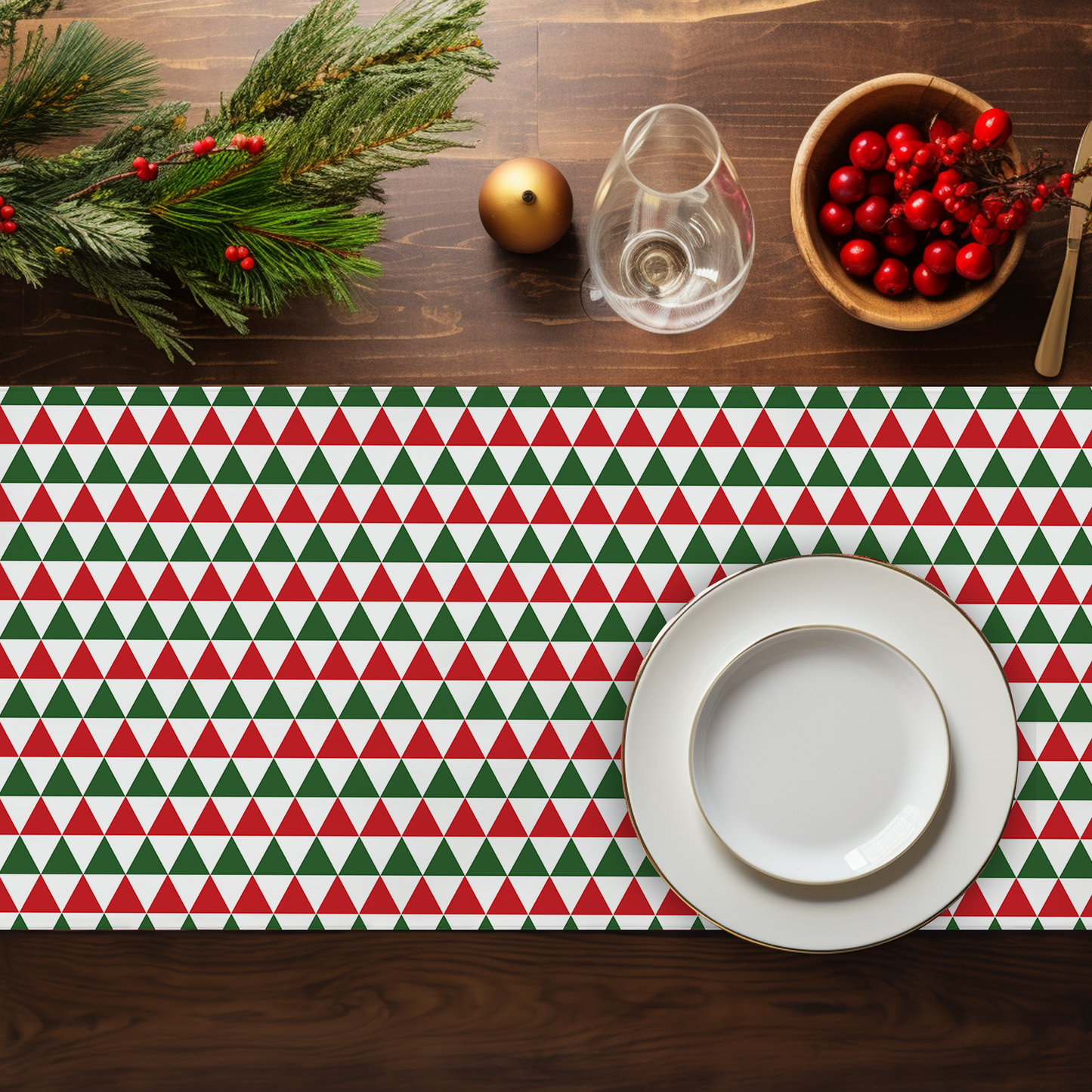 Striped Red & Green Triangle Christmas Table Runner | Rustic Holiday Dining Room Décor, Festive Geometric Farmhouse Accent