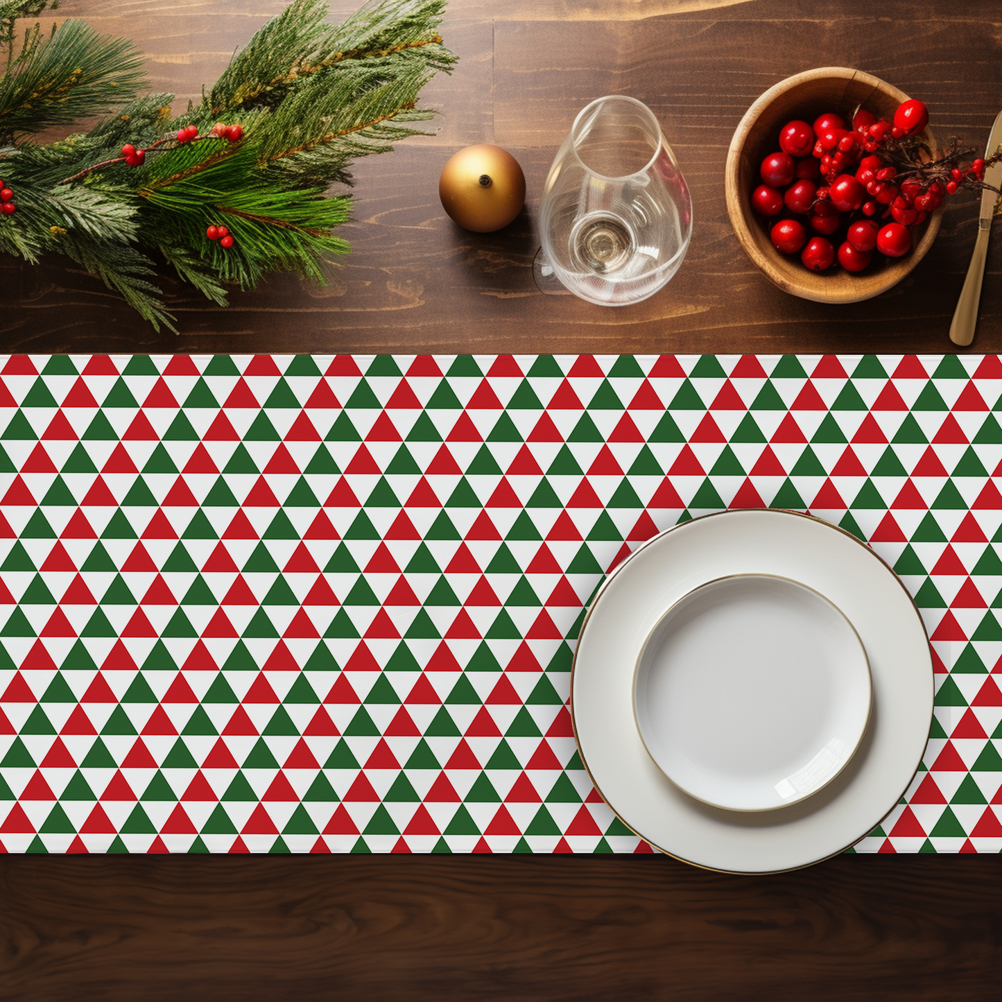Red & Green Triangle Christmas Table Runner | Festive Holiday Farmhouse Dining Room Décor, Bold Geometric Table Accent