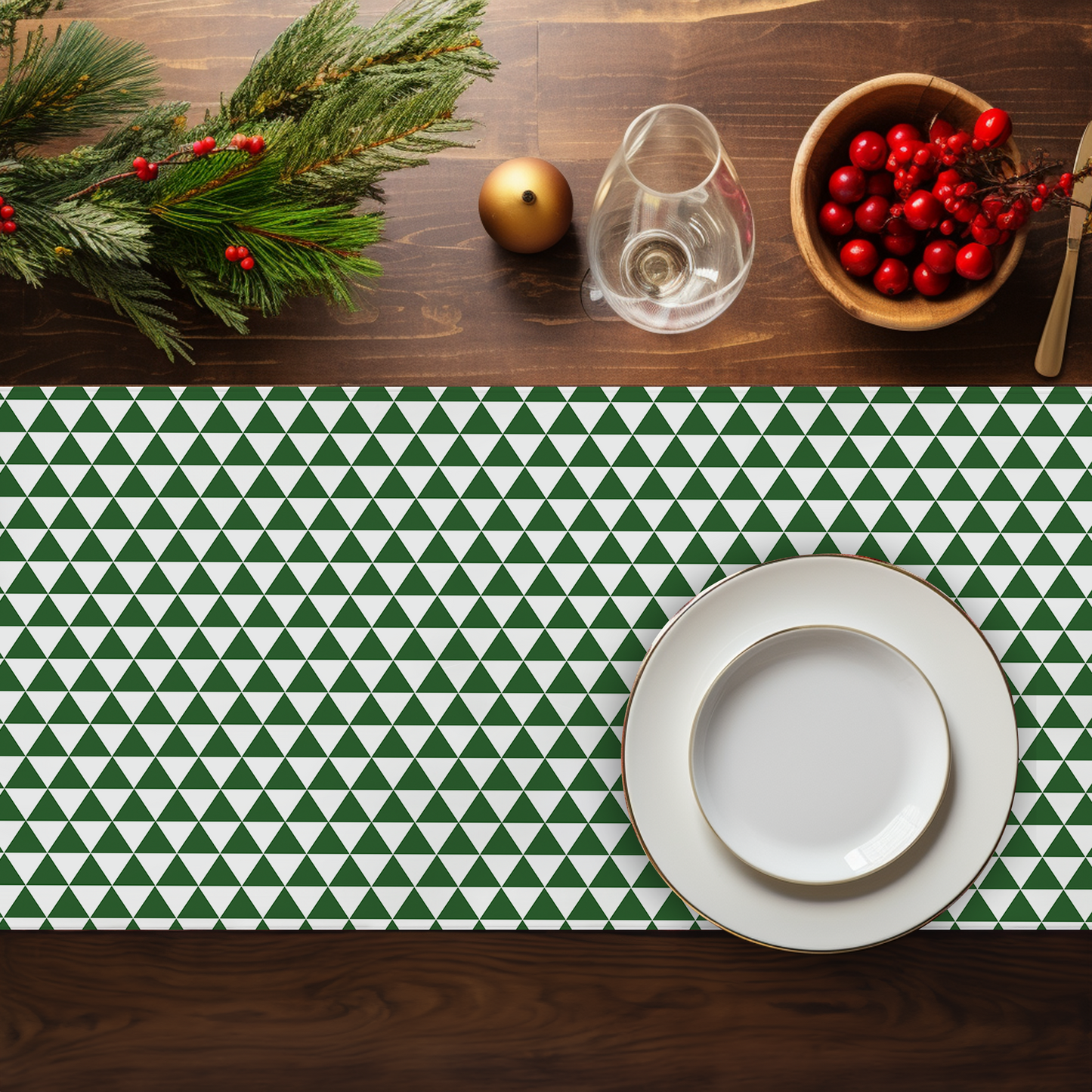 Green Triangle Christmas Table Runner | Bold Holiday Farmhouse Dining Room Décor, Festive Geometric Modern Table Accent