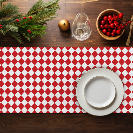 Red & White Argyle Christmas Table Runner | Festive Holiday Dining Décor, Washable Farmhouse Polyester Runner