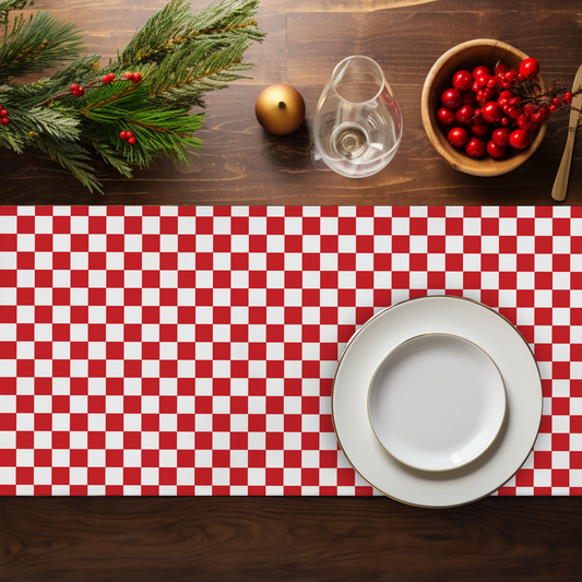 Red & White Gingham Christmas Table Runner | Classic Holiday Farmhouse Dining Room Decor, Rustic Checkered Tabletop Accent