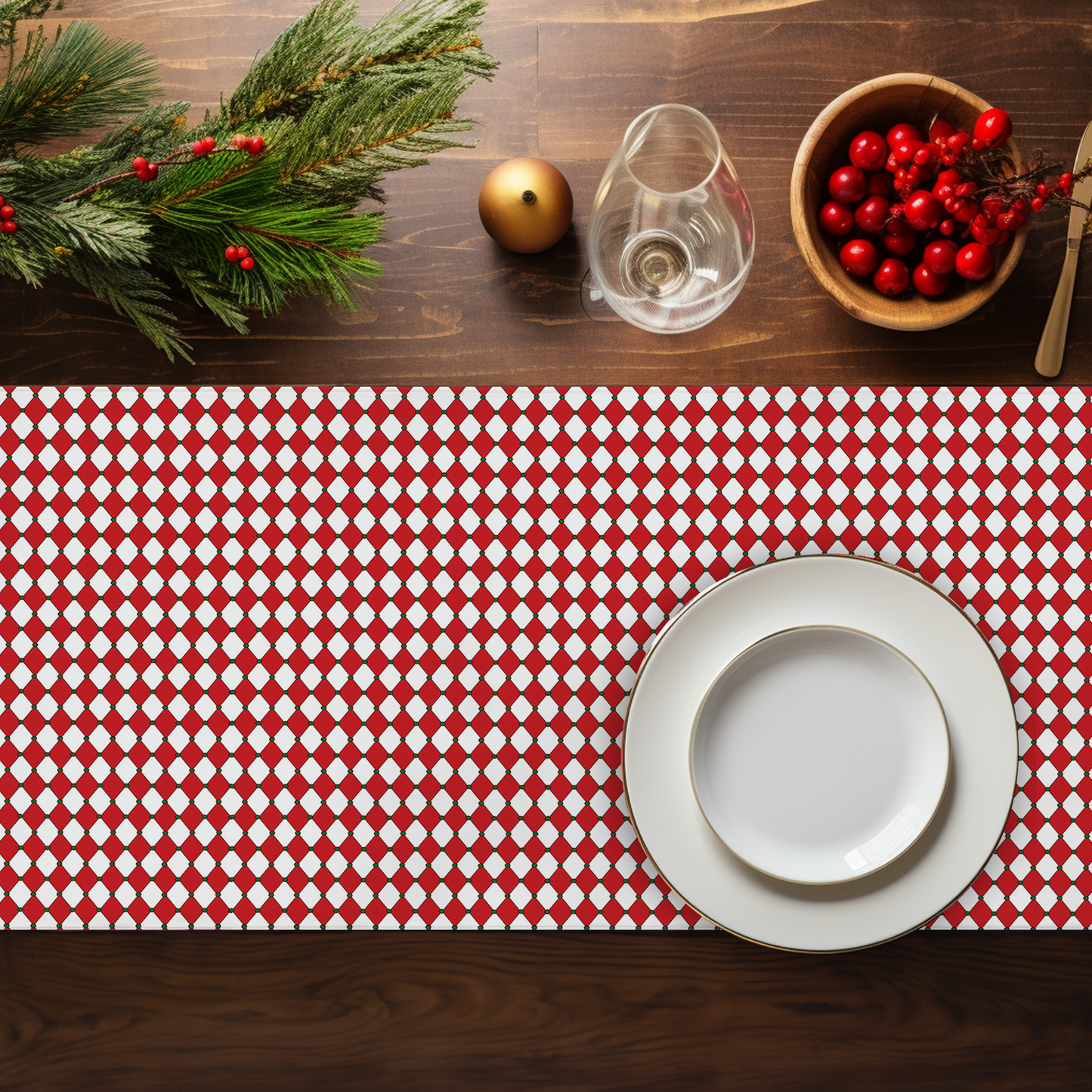Nutcracker Drummer Red Argyle Christmas Table Runner | Festive Holiday Dining Décor, Classic Red Diamond Check