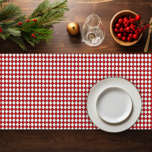 Nutcracker Drummer Red Argyle Christmas Table Runner | Festive Holiday Dining Décor, Classic Red Diamond Check