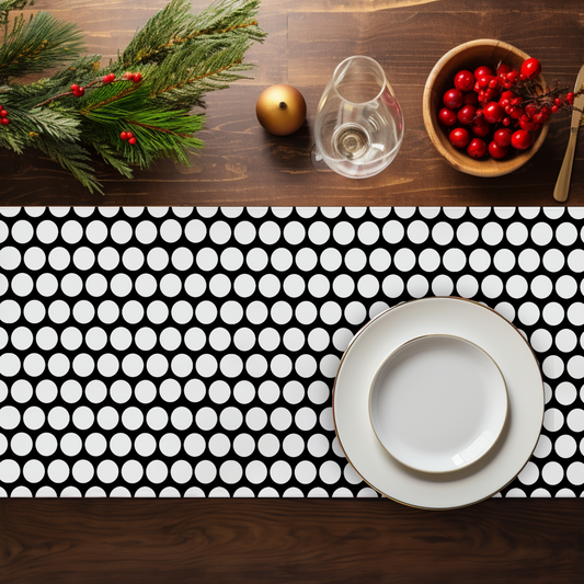 White Polka Dot on Black Christmas Table Runner | Bold Holiday Farmhouse Dining Décor, Modern Festive Spot Accent