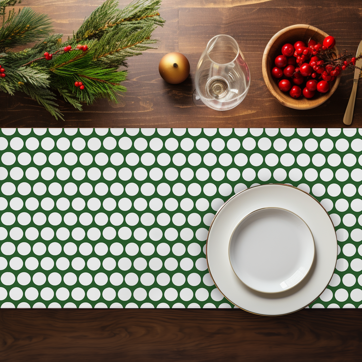 White Polka Dot on Green Christmas Table Runner | Festive Holiday Dining Décor, Rustic Farmhouse Spot Accent