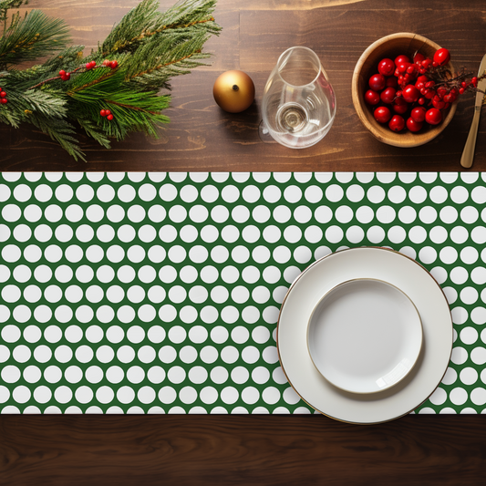White Polka Dot on Green Christmas Table Runner | Festive Holiday Dining Décor, Rustic Farmhouse Spot Accent