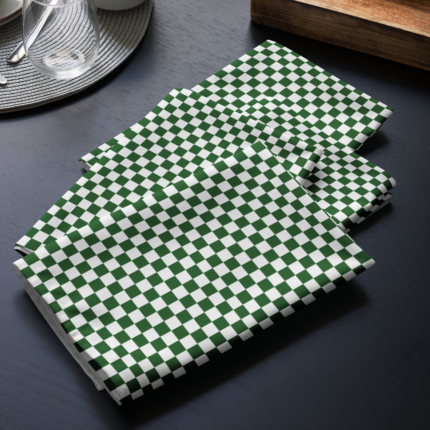 Green & White Check Polyester Napkins | Christmas Holiday Décor, Rustic Farmhouse Cloth Napkin Set, Reusable Holiday Linens