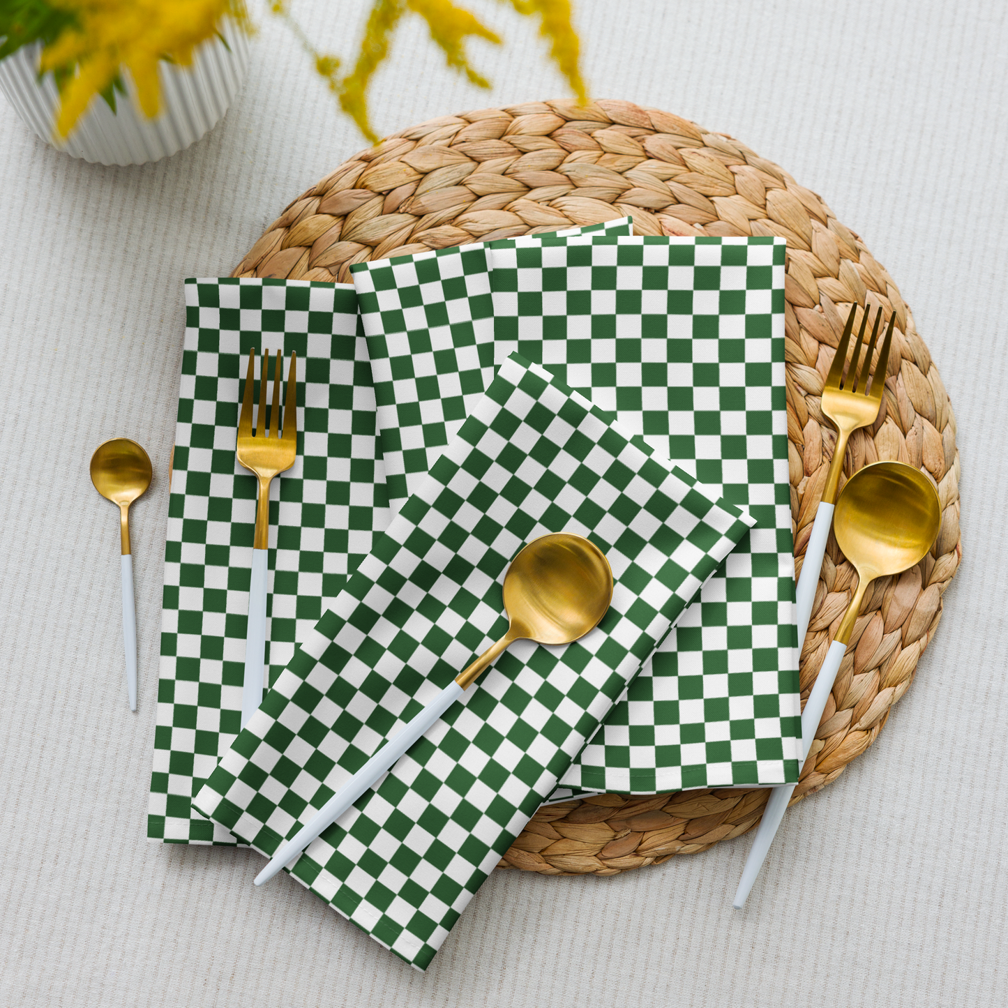 Green & White Check Polyester Napkins | Christmas Holiday Décor, Rustic Farmhouse Cloth Napkin Set, Reusable Holiday Linens
