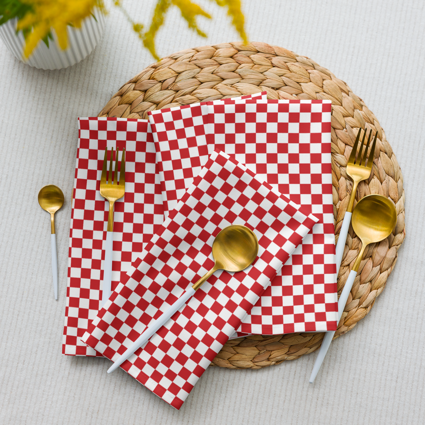 Red & White Check Polyester Napkins | Christmas Cloth Napkin Set, Festive Holiday Table Décor, Rustic Farmhouse Plaid Linens