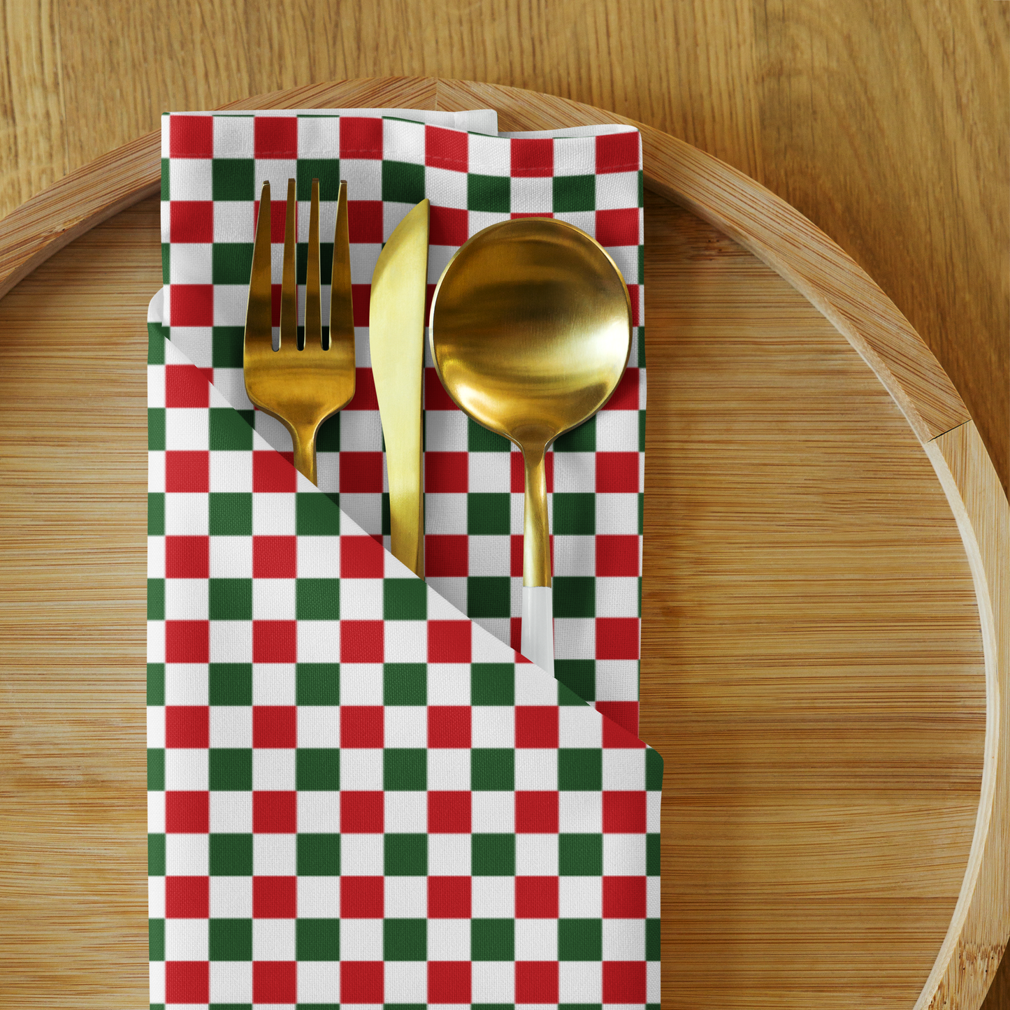 Red Green & White Gingham Polyester Napkins | Christmas Holiday Cloth Napkin Set, Festive Farmhouse Table Décor
