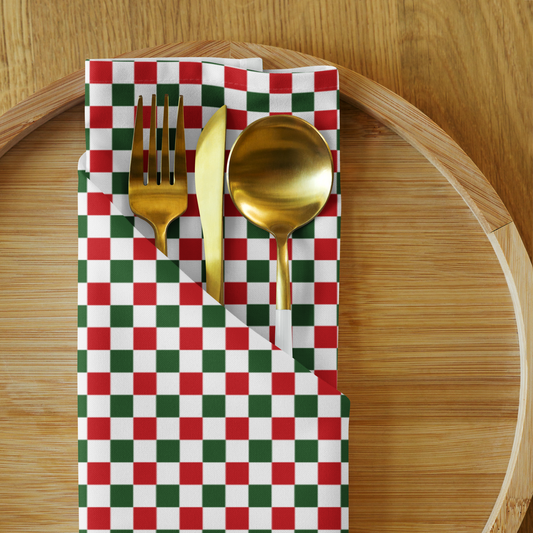 Red Green & White Gingham Polyester Napkins | Christmas Holiday Cloth Napkin Set, Festive Farmhouse Table Décor