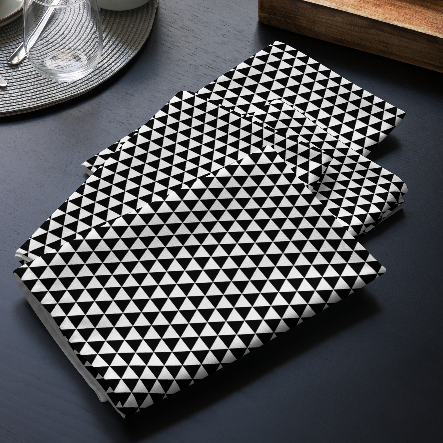 Black Triangle Polyester Napkins | Modern Christmas Holiday Cloth Napkin Set, Bold Geometric Festive Dining Décor