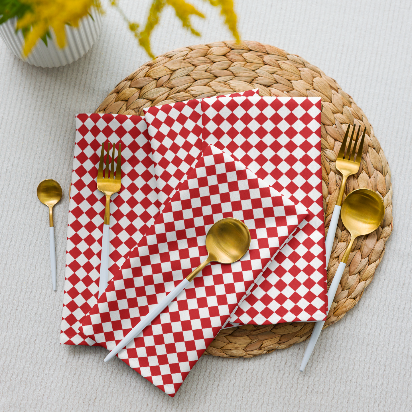 Red Triangle Polyester Napkins | Festive Christmas Holiday Cloth Napkin Set, Rustic Farmhouse Bold Dining Décor