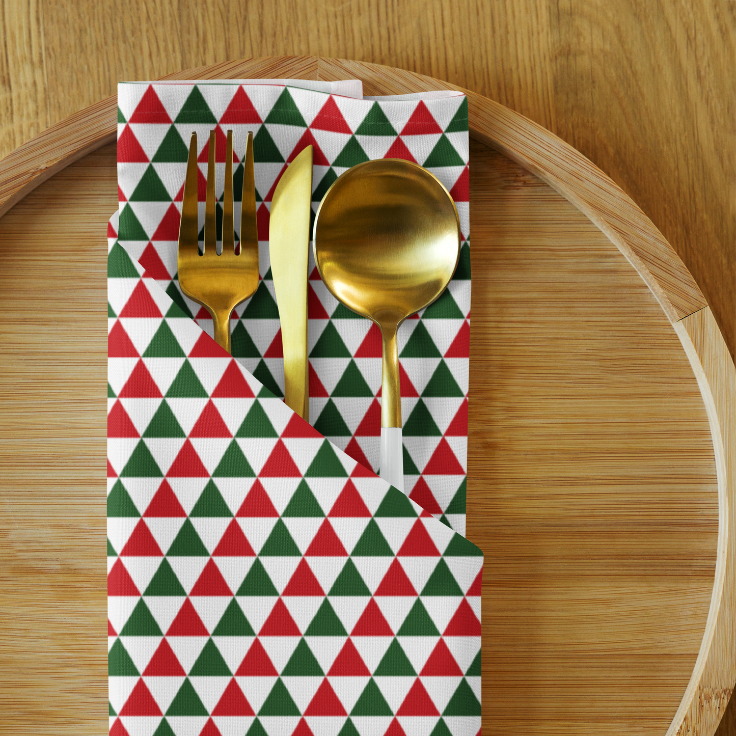 Red & Green Triangle Party Polyester Napkins | Festive Christmas Holiday Cloth Napkin Set, Bold Geometric Dining Décor