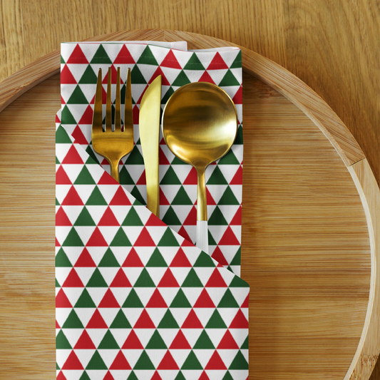 Red & Green Triangle Party Polyester Napkins | Festive Christmas Holiday Cloth Napkin Set, Bold Geometric Dining Décor