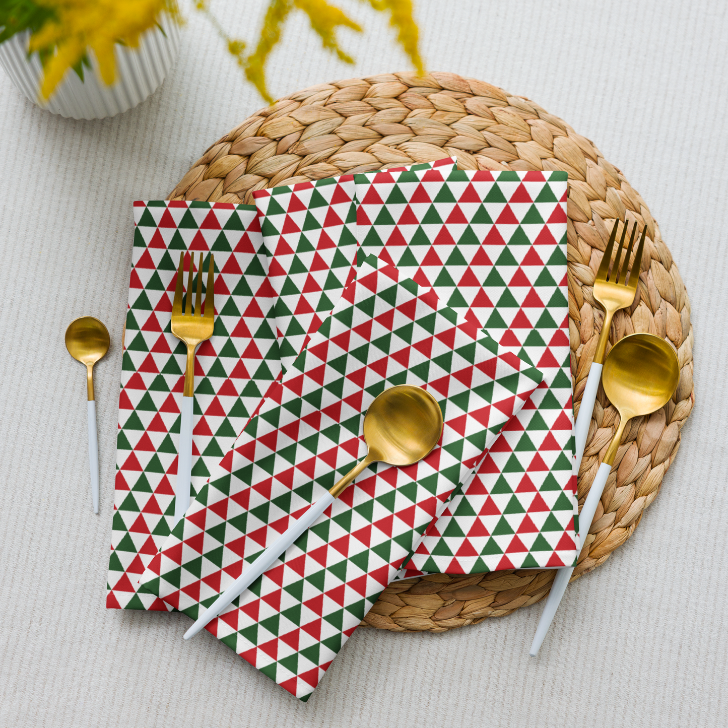 Red & Green Triangle Party Polyester Napkins | Festive Christmas Holiday Cloth Napkin Set, Bold Geometric Dining Décor