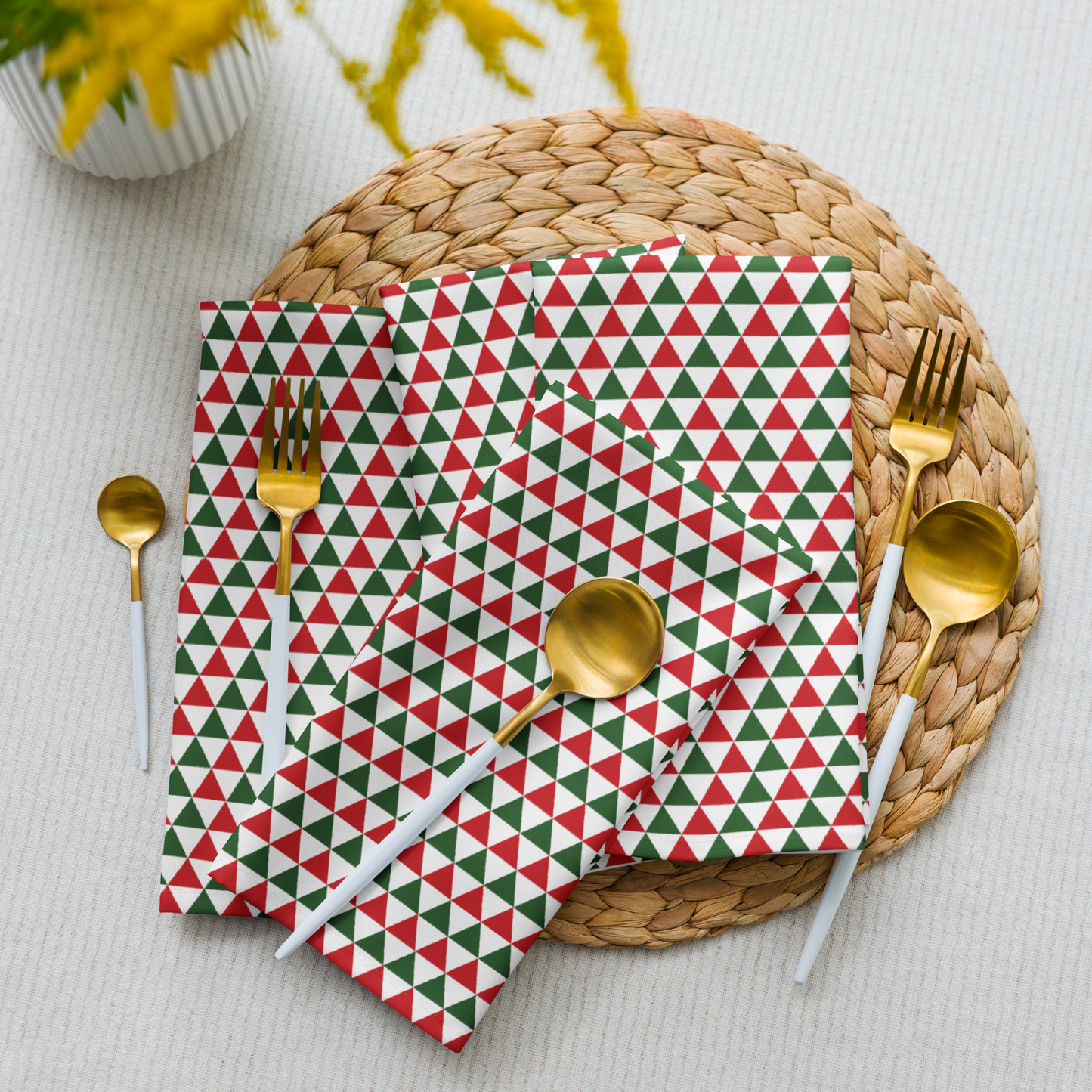 Striped Red & Green Triangle Polyester Napkins | Christmas Holiday Cloth Napkin Set, Festive Farmhouse Dining Décor