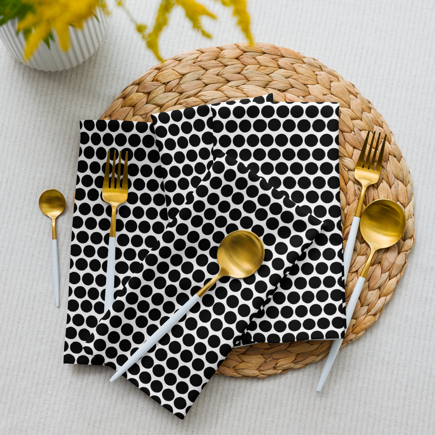 Black Polka Dot Polyester Napkins | Christmas Holiday Cloth Napkin Set, Bold Modern Farmhouse Dining Décor