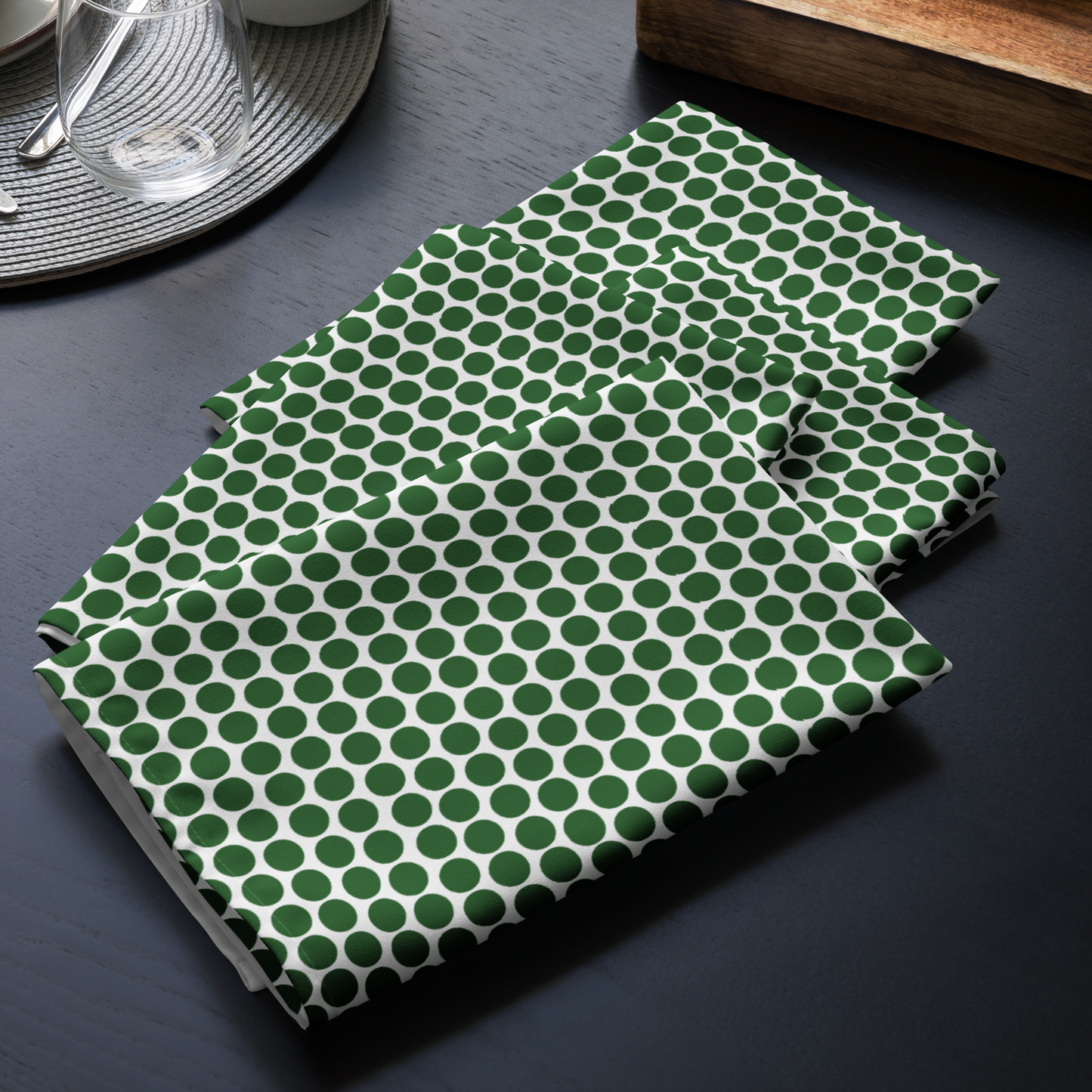 Green Polka Dot Polyester Napkins | Christmas Holiday Cloth Napkin Set, Festive Farmhouse Dining Décor