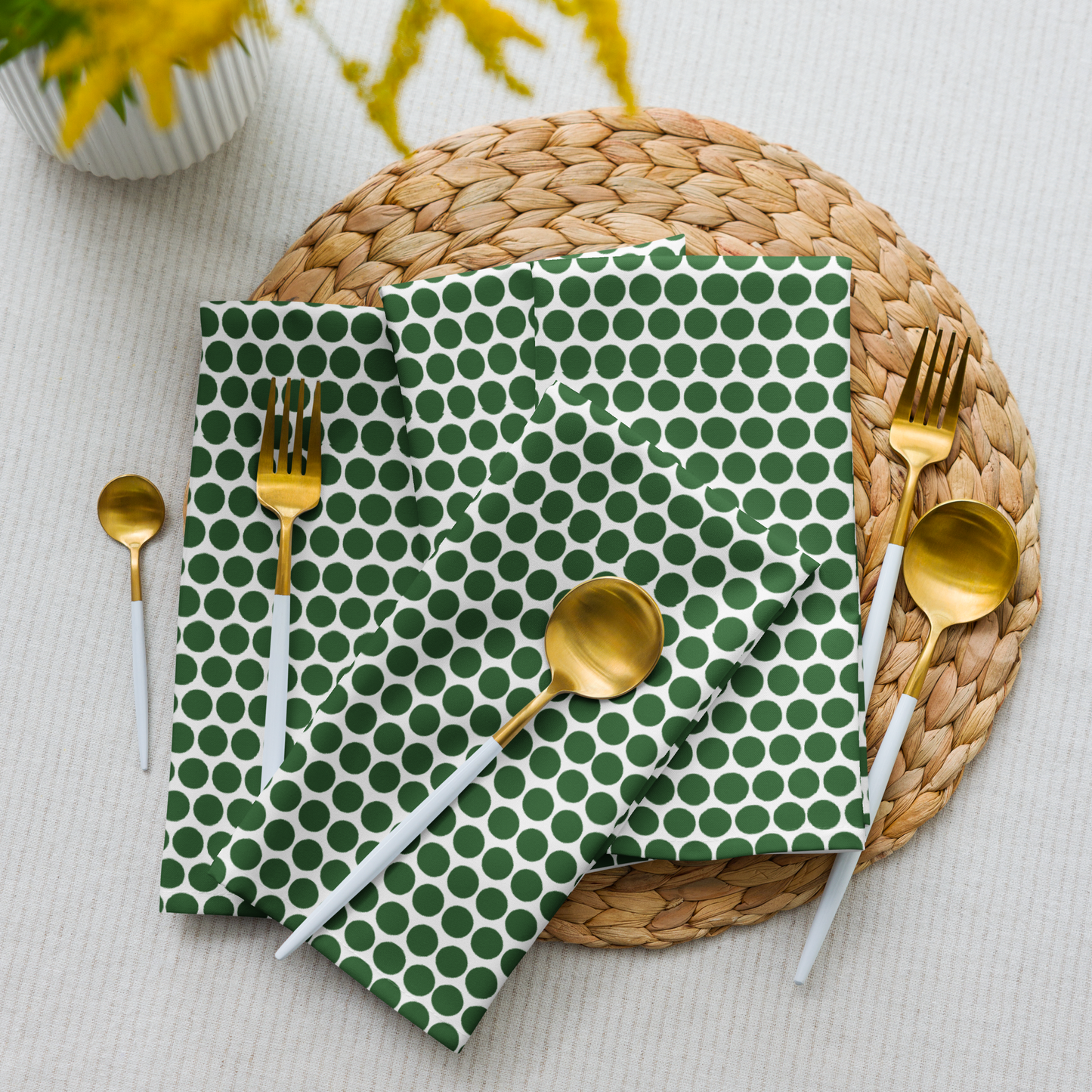 Green Polka Dot Polyester Napkins | Christmas Holiday Cloth Napkin Set, Festive Farmhouse Dining Décor