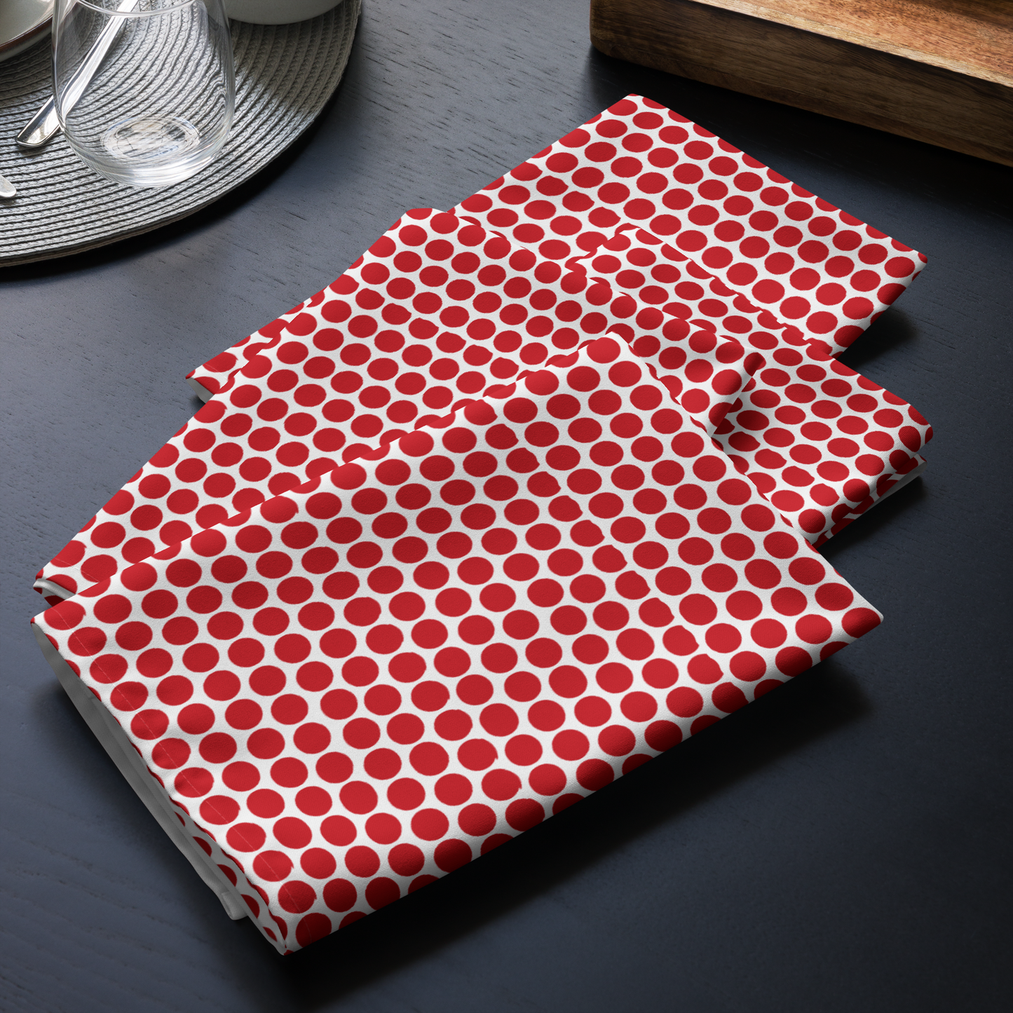 Red Polka Dot Polyester Napkins | Christmas Holiday Cloth Napkin Set, Bold Festive Farmhouse Dining Décor