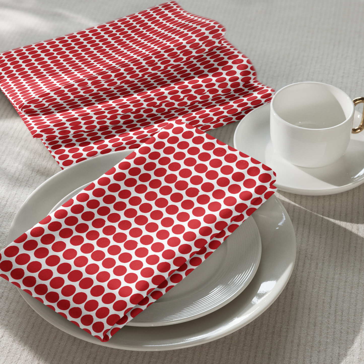 Red Polka Dot Polyester Napkins | Christmas Holiday Cloth Napkin Set, Bold Festive Farmhouse Dining Décor