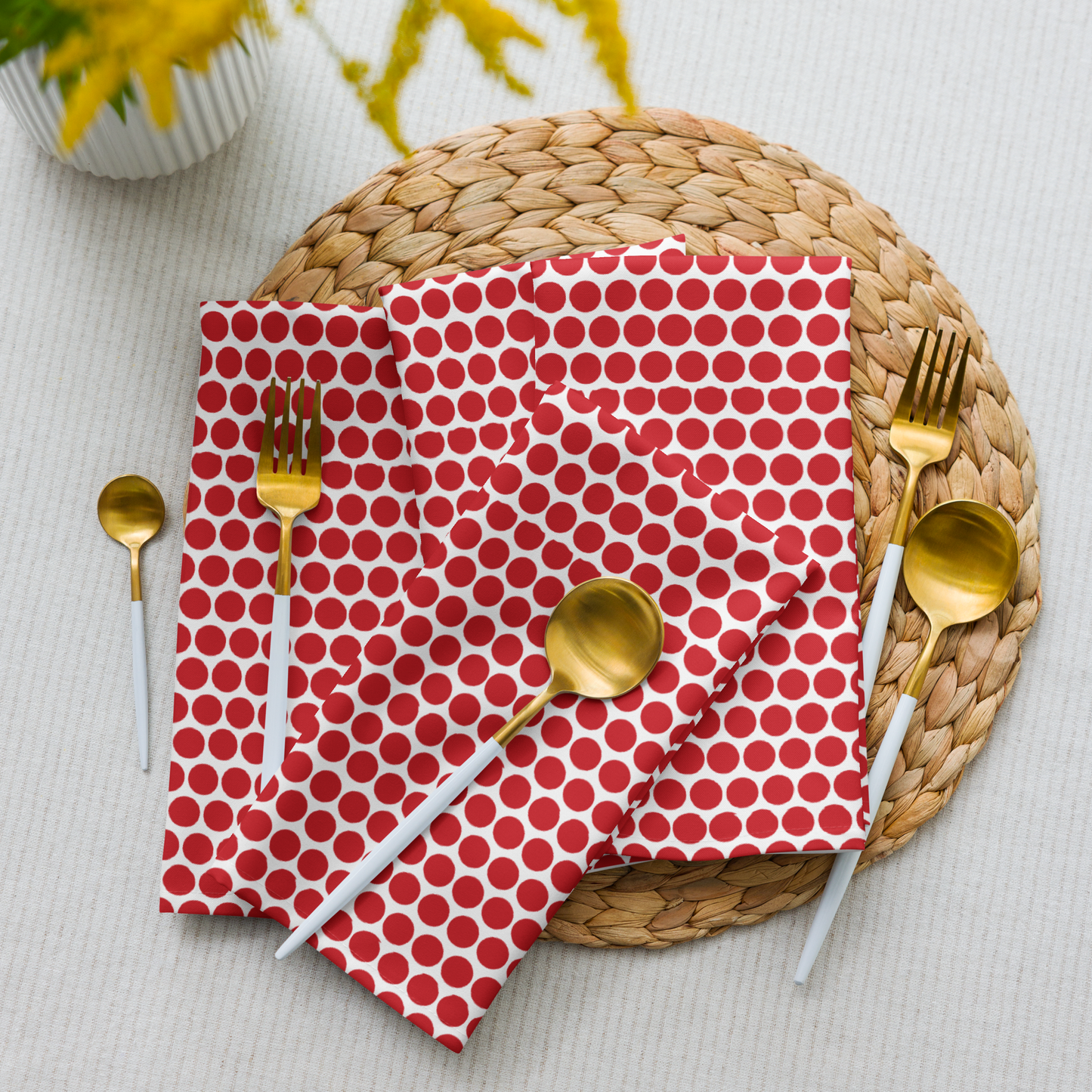 Red Polka Dot Polyester Napkins | Christmas Holiday Cloth Napkin Set, Bold Festive Farmhouse Dining Décor