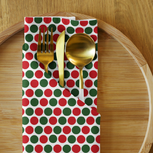 Red & Green Polka Dot Party Polyester Napkins | Christmas Holiday Cloth Napkin Set, Festive Scattered Dots Décor