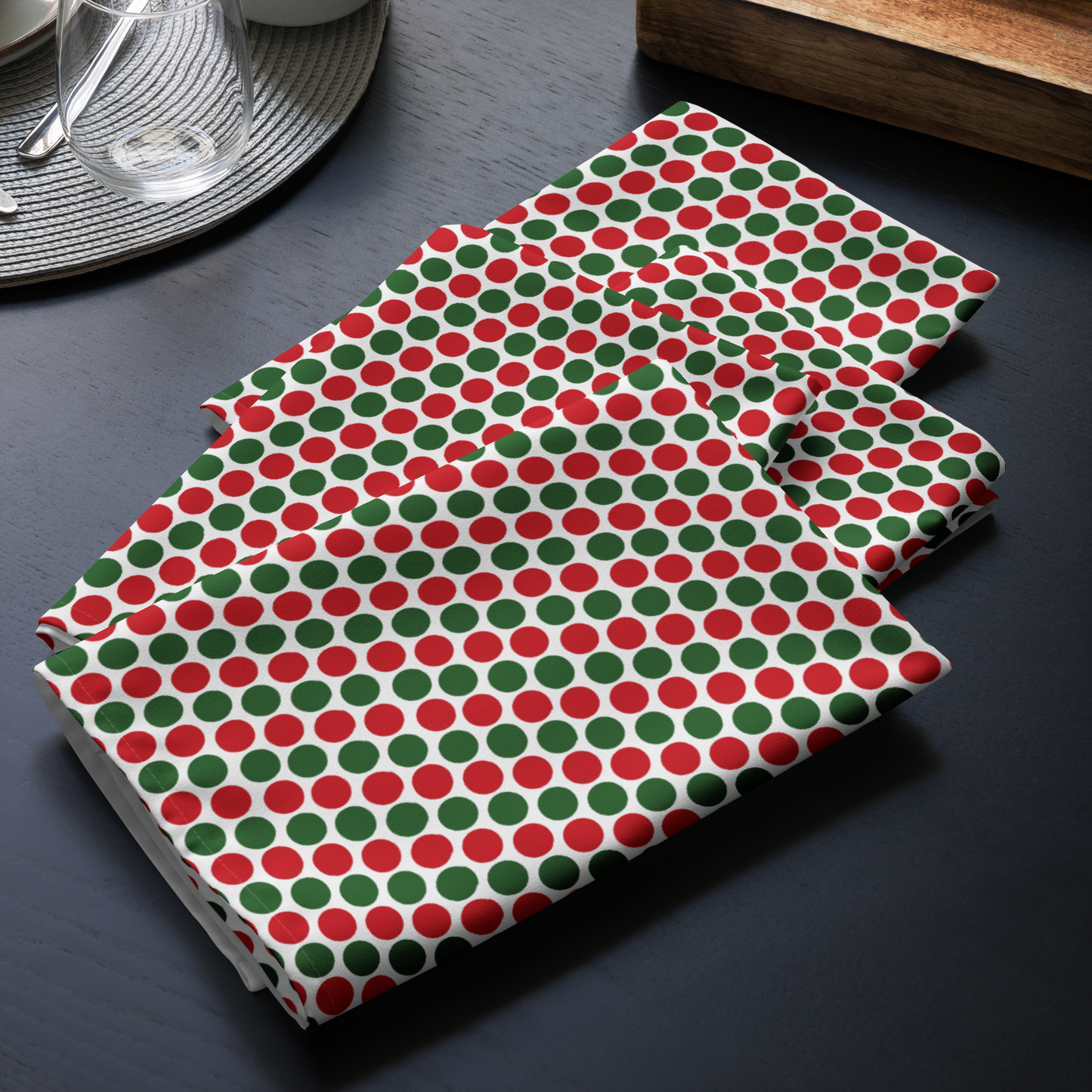 Red & Green Polka Dot Party Polyester Napkins | Christmas Holiday Cloth Napkin Set, Festive Scattered Dots Décor