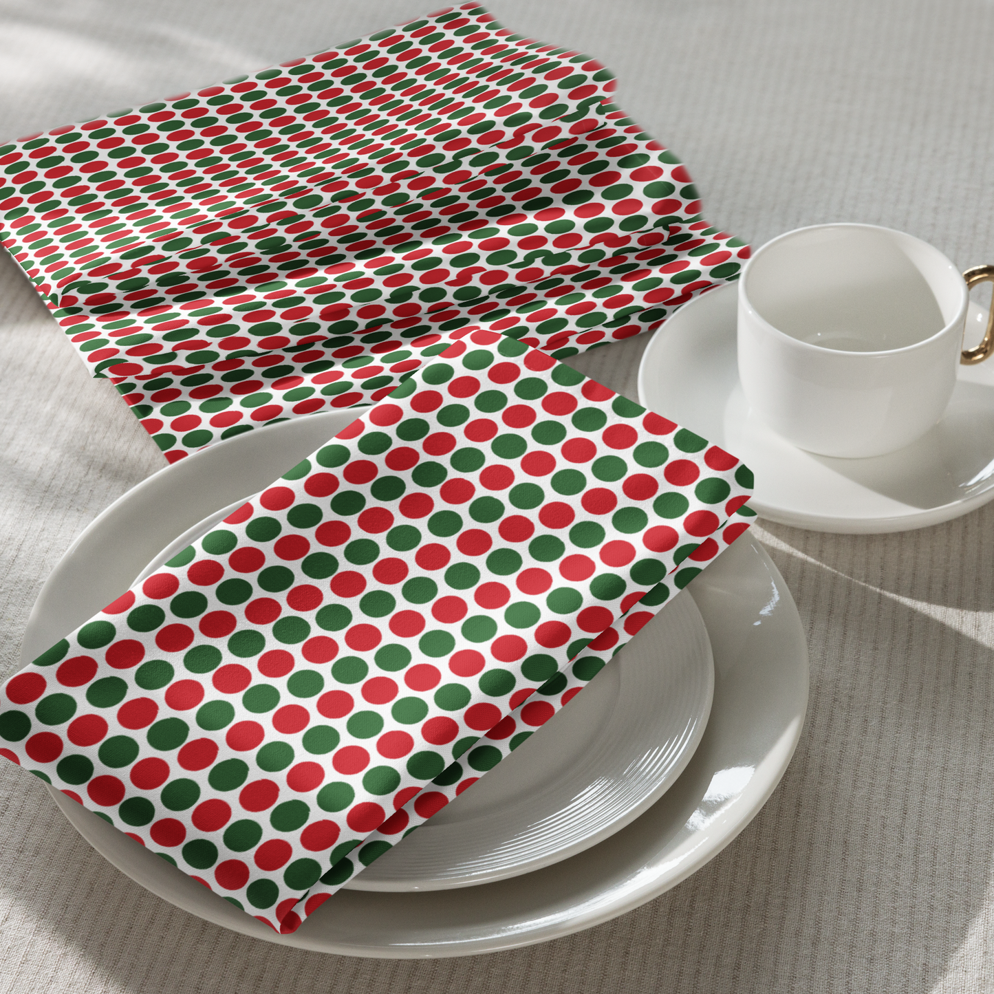 Red & Green Polka Dot Party Polyester Napkins | Christmas Holiday Cloth Napkin Set, Festive Scattered Dots Décor