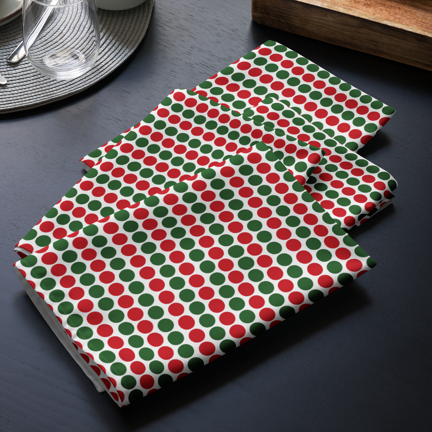 Red & Green Polka Dot Polyester Napkins | Christmas Holiday Cloth Napkin Set, Festive Farmhouse Dining Décor