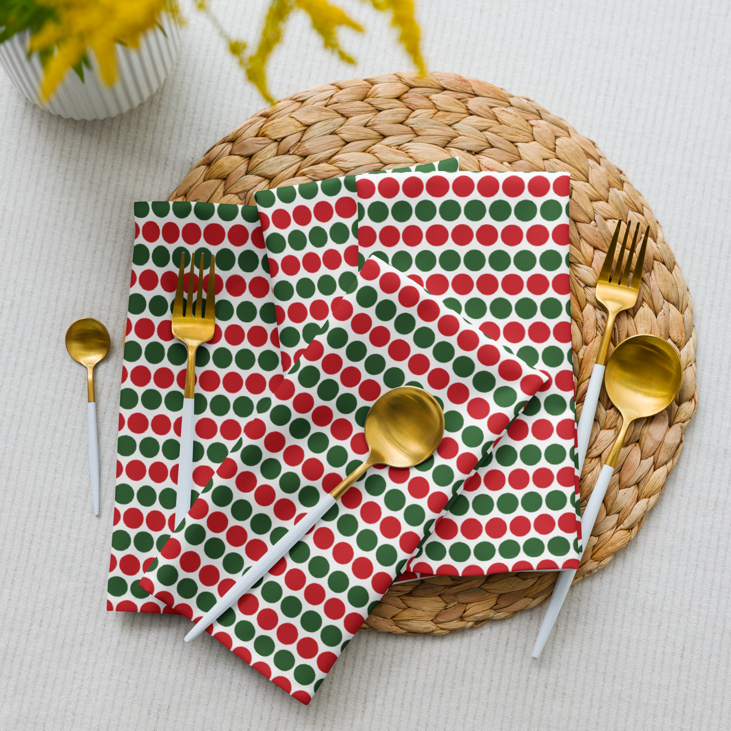 Red & Green Polka Dot Polyester Napkins | Christmas Holiday Cloth Napkin Set, Festive Farmhouse Dining Décor