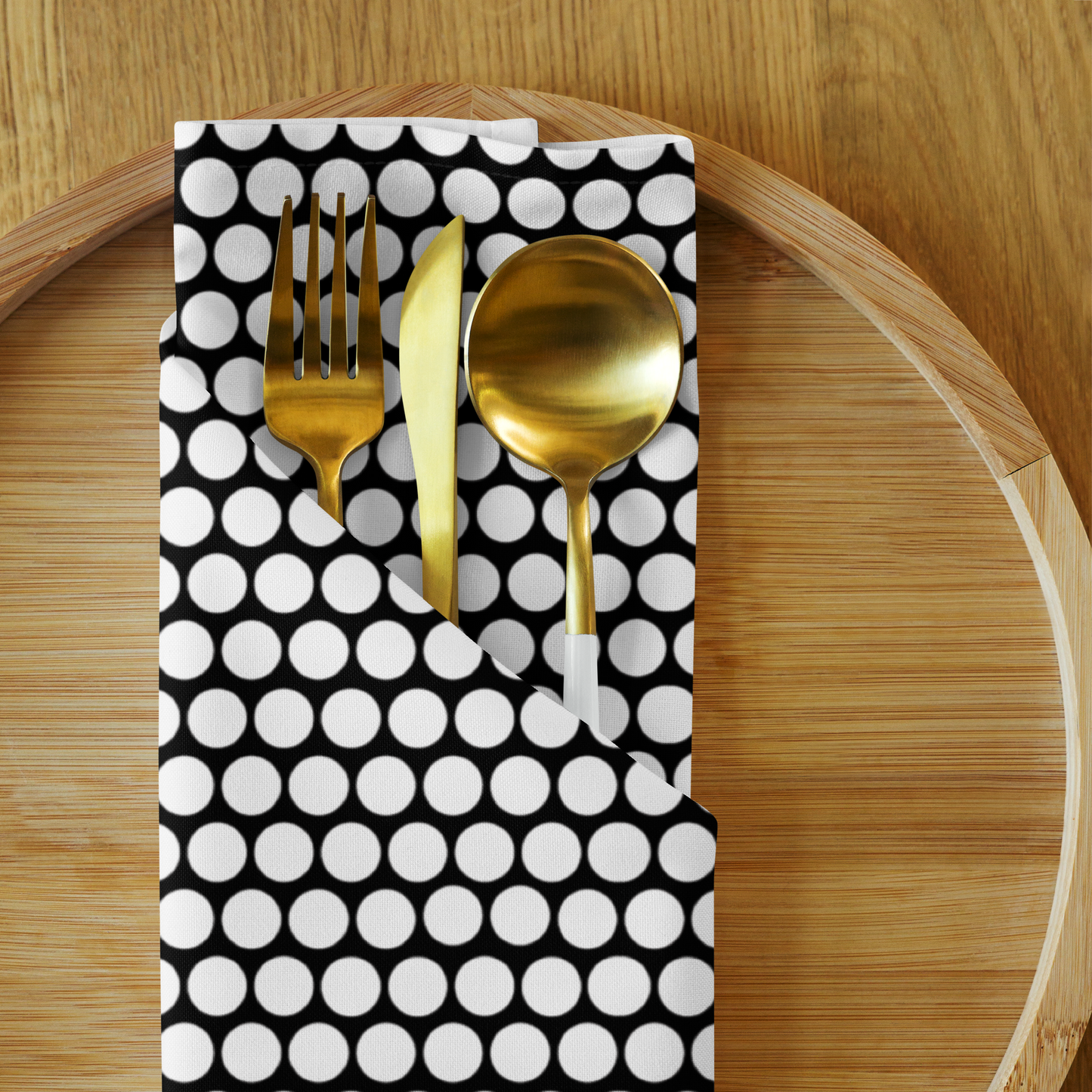 White Polka Dot on Black Polyester Napkins | Christmas Holiday Cloth Napkin Set, Bold Festive Dining Décor