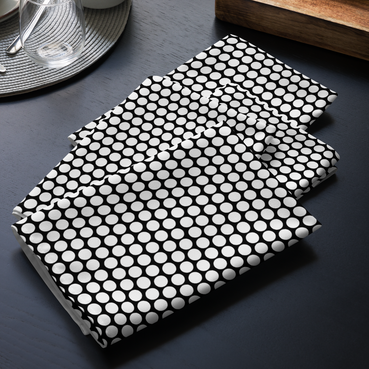 White Polka Dot on Black Polyester Napkins | Christmas Holiday Cloth Napkin Set, Bold Festive Dining Décor