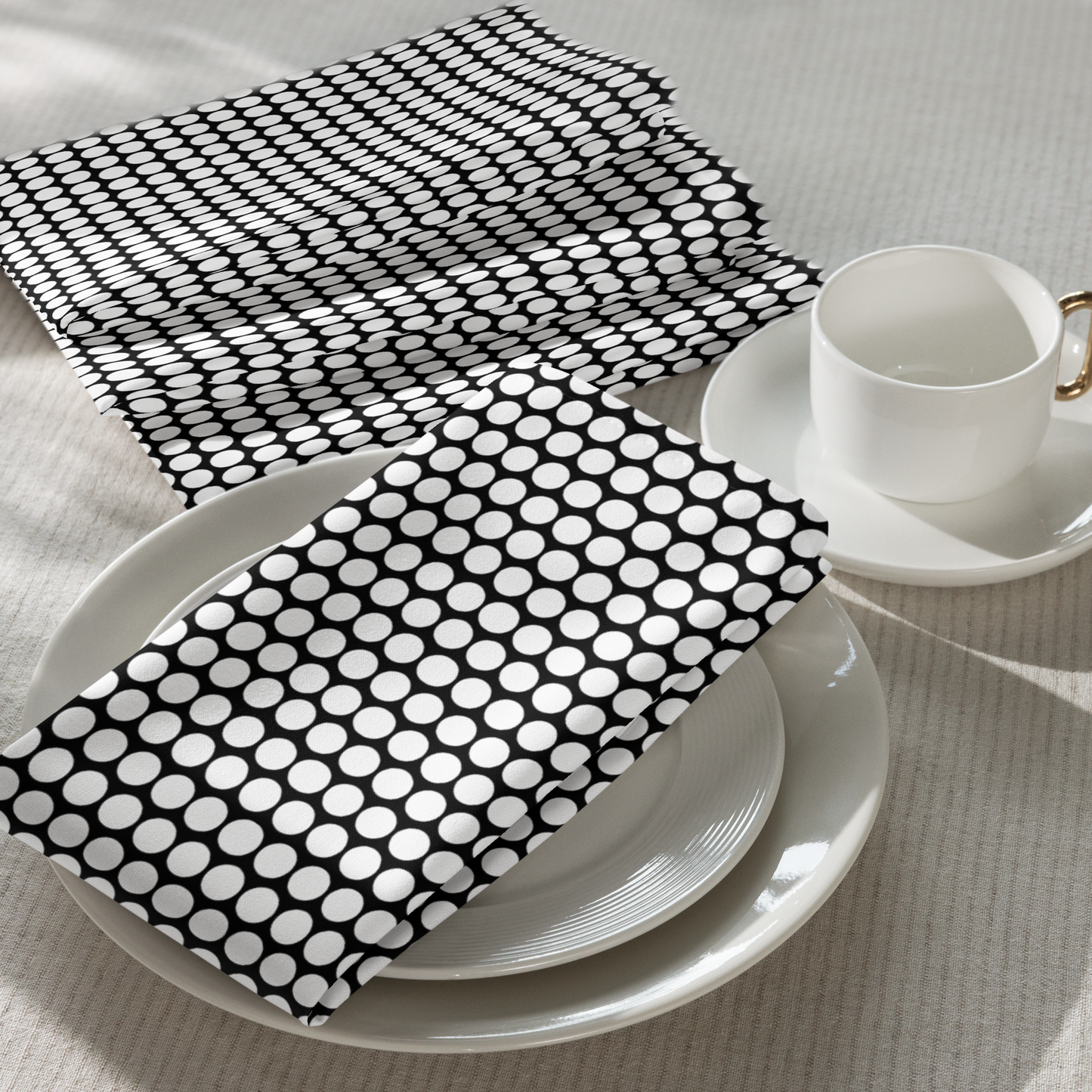 White Polka Dot on Black Polyester Napkins | Christmas Holiday Cloth Napkin Set, Bold Festive Dining Décor