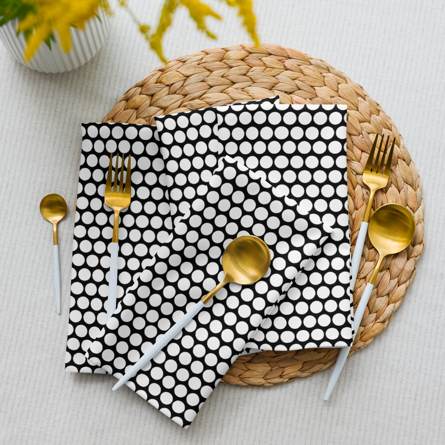 White Polka Dot on Black Polyester Napkins | Christmas Holiday Cloth Napkin Set, Bold Festive Dining Décor