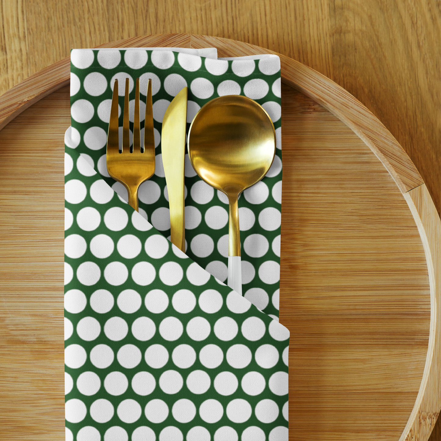 White Polka Dot on Green Polyester Napkins | Christmas Holiday Cloth Napkin Set, Festive Rustic Dining Décor