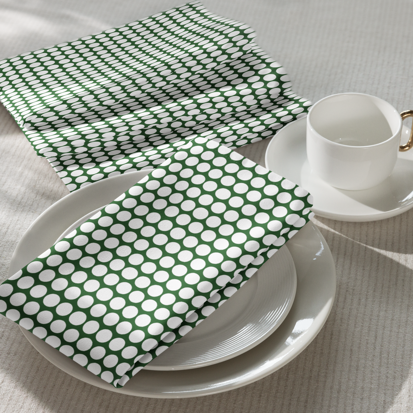 White Polka Dot on Green Polyester Napkins | Christmas Holiday Cloth Napkin Set, Festive Rustic Dining Décor