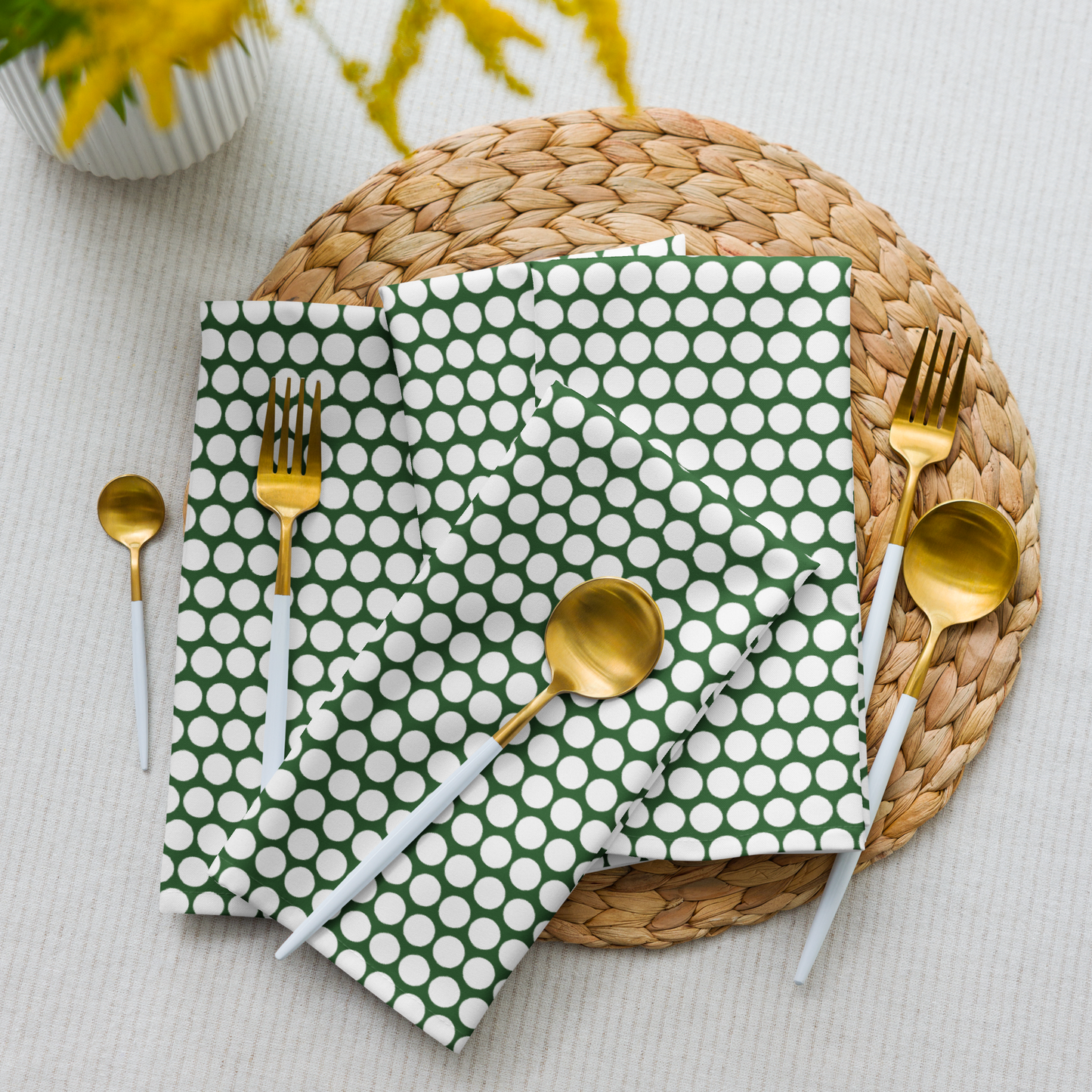 White Polka Dot on Green Polyester Napkins | Christmas Holiday Cloth Napkin Set, Festive Rustic Dining Décor