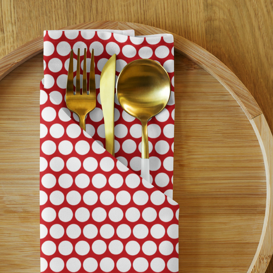 White Polka Dot on Red Polyester Napkins | Christmas Holiday Cloth Napkin Set, Festive Farmhouse Dining Décor